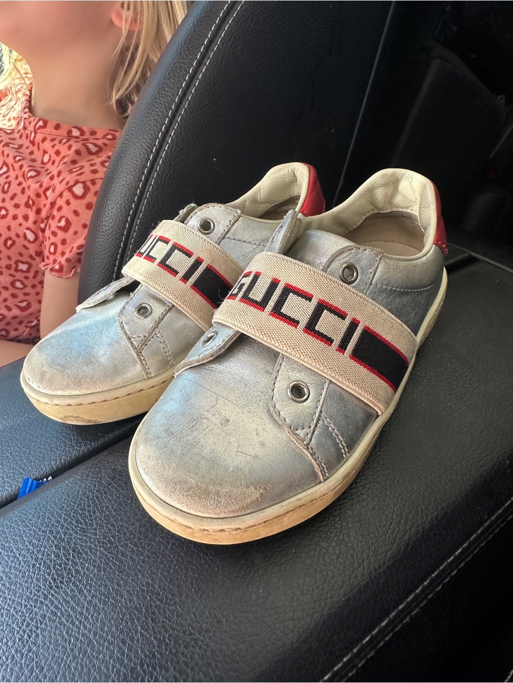 Gucci Kids Silver Leather Slip-On Sneakers with Red and Black Web Strap